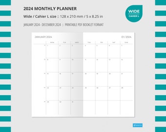 2024 MONTHLY PLANNER  Wide / Cahier L size, Wo2P, Printable, Insert, Printable Notebook, Week on two pages, Travelers Notebook Insert