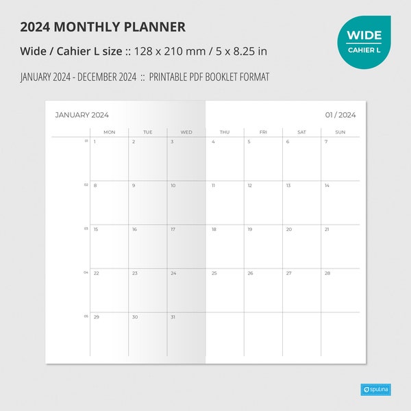 2024 MONTHLY PLANNER  Wide / Cahier L size, Wo2P, Printable, Insert, Printable Notebook, Week on two pages, Travelers Notebook Insert