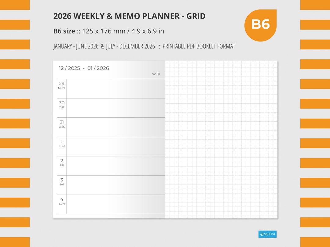 2026 WEEKLY MEMO GRID Planner B6 Size, Wo2p, Printable, Insert ...