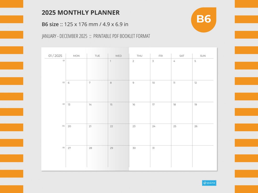 2025 MONTHLY PLANNER B6 Size, Wo2p, Printable, Insert, Printable ...
