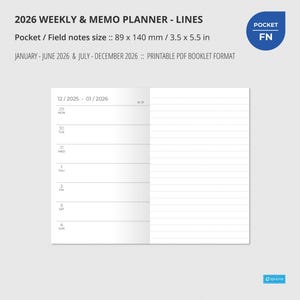 May include: A white 2026 weekly and memo planner with lined pages. The planner is 8.9 x 14 cm and includes the text "2026 Weekly & Memo Planner - Lines". It also features the text "Pocket FN".