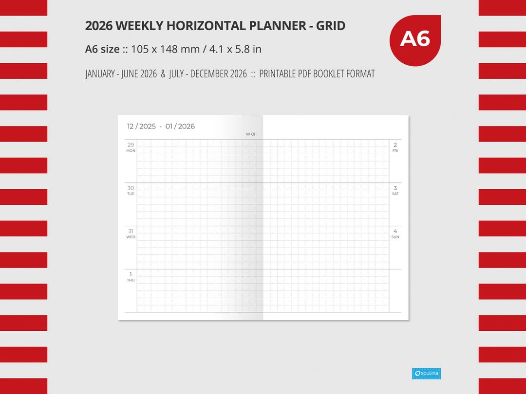 2026 WEEKLY HORIZONTAL GRID A6 Size, Wo2p, Printable, Insert, Printable ...