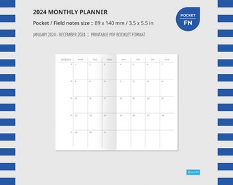 2024 MONTHLY PLANNER Pocket / Field Notes size, Wo2P, Printable, Insert, Printable Notebook, Week on two pages, Travelers Notebook Insert