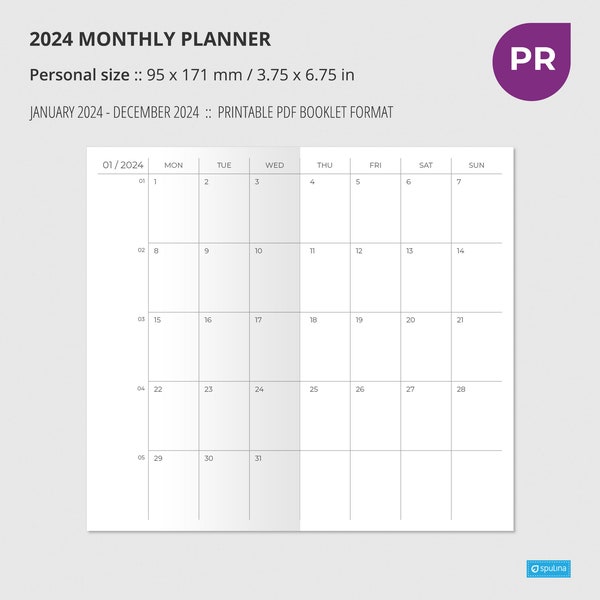 2024 MONTHLY PLANNER  Personal size, Wo2P, Printable, Insert, Printable Notebook, Week on two pages, Travelers Notebook Insert