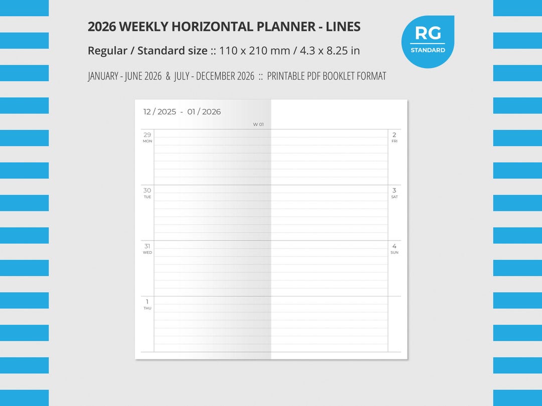 2026 WEEKLY HORIZONTAL LINES Planner Regular/standard Size, Wo2p ...