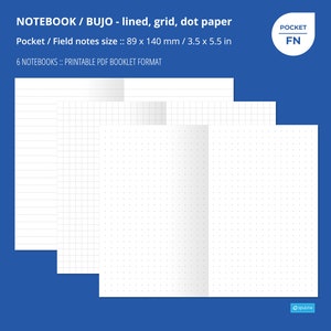 Könnte beinhalten: Sechs druckbare Taschennotizbücher im PDF-Booklet-Format. Die Notizbücher haben liniertes, kariertes und gepunktetes Papier. Jedes Notizbuch misst 8,9 x 14 cm.