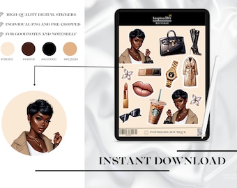 Pegatinas para agenda de Boss Life: Mujeres negras, café y maquillaje (pegatinas digitales)