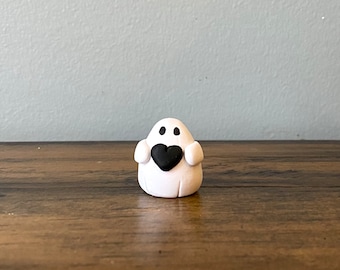Handmade Polymer Clay Ghost Figurine, Black Heart