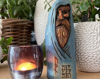Wooden Odin god, the ultimate viking statue - hand-carved pagan art with runes