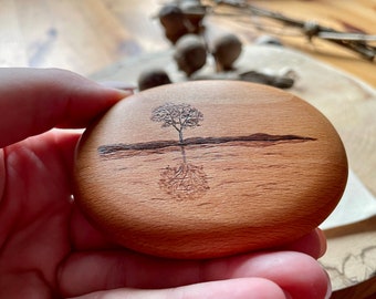 Unique piece | Hand flatterer TREE WATER HORIZON | Pyrography on wooden pebbles