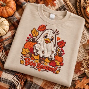 Boo Season Ghost Duck PNG, Faux Crochet Halloween Design, Cute Fall Pumpkins, Autumn Leaves, Spooky Season Sublimation, Fall Shirt Graphic
