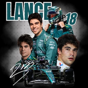Puede incluir: Un collage con Lance Stroll, un piloto de Fórmula 1, con el texto "LANCE 18". La imagen incluye múltiples retratos de Stroll con su traje de carreras y casco de Aston Martin, junto con un coche de carreras.