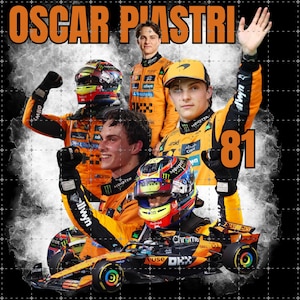 Puede incluir: Gráfico con Oscar Piastri con un traje de carreras McLaren. La imagen incluye varias fotos de Piastri, un coche de carreras y el número 81. El texto "OSCAR PIASTRI" está en la parte superior de la imagen.
