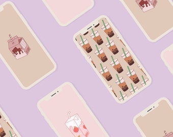 Lot de 3 Bubble Tea Boba Tea papier peint/écran de verrouillage pour téléphone | Fond d'écran chocolat, fraise, lait, écran verrouillé, Android, iPhone, Google Pixel