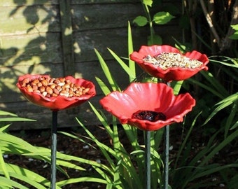 Set of 3 Poppy Wild Bird Feeders Seed Nut Water Bowl Bath Dish Garden Flower