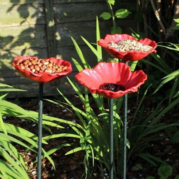Set of 3 Poppy Wild Bird Feeders Seed Nut Water Bowl Bath Dish Garden Flower