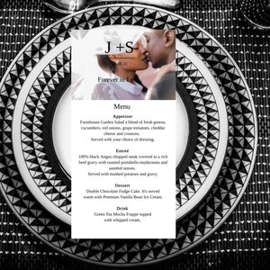 Szablon menu weselnego ze zdjęciem i inicjałami | Eleganckie menu zaręczynowe | Nowoczesne menu weselne | Menu do druku Templatett | Edytowalne menu |