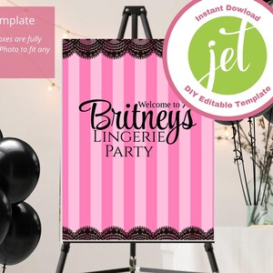 Welcome to My Lingerie Party Welcome Sign, Pink and Black Sexy Party Event, Lace Decor, DIY, Engagement Brunch Template, Instant Download,