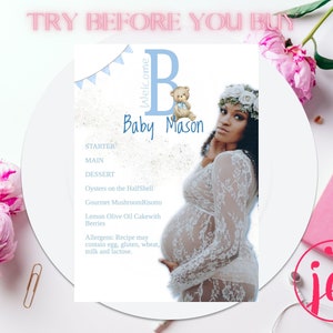 Willkommen Baby Boy Coming Soon Blauer Bär Bild Menü| Babyparty| Gender Revel Menü|Druckbares Menü der modernen Party| Bearbeitbares Menü|Drucken Sie zu Hause