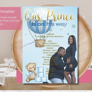 Prince Coming Soon Beer HotAir Ballon Picture Menu| Babyshower| Gender Revel-menu| Afdrukbaar menu voor moderne feesten| Bewerkbaar menu|Thuis afdrukken