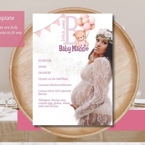 Welcome Baby Girl Coming Soon Menu d'images d'ours rose | Baby Shower | Menu Gender Revel | Menu imprimable de fête moderne | Menu modifiable|Imprimer à la maison