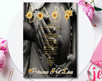 Yellow & Gold Sunflower Baby Picture Menu| Baby Shower| Gender Revel Menu| Modern Party Printable Menu| Editable Menu|Print at Home