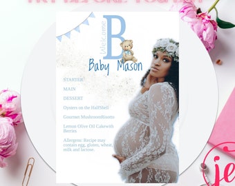 Welcome Baby Boy Coming Soon Blue Bear Picture Menu| Baby Shower| Gender Revel Menu|Modern Party Printable Menu| Editable Menu|Print at Home