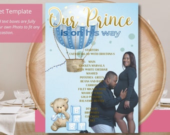 Prince Coming Soon Bear HotAir Ballon Picture Menu| Baby Shower| Gender Revel Menu| Modern Party Printable Menu| Editable Menu|Print at Home