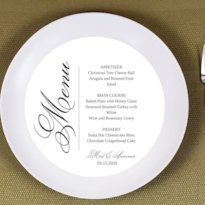 Klasyczne menu na talerzu w kształcie koła | Szablon menu weselnego | Eleganckie menu zaręczynowe | Nowoczesne menu weselne | Menu do druku JetTemplett | Menu do edycji |