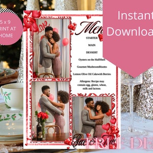 Valentijnsparen Rood Hart Foto Menu| Bruiloft Menu Sjabloon| Verlovingsmenu| Modern Menu|  Templett Afdrukbaar Menu| Bewerkbaar menu|