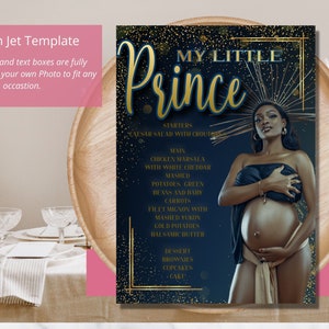 Prins arriveert binnenkort fotomenu| Elegante babyshower| Geslacht Revel Menu| Modern feestmenu| Afdrukbaar menu| Bewerkbaar menu| Thuis afdrukken
