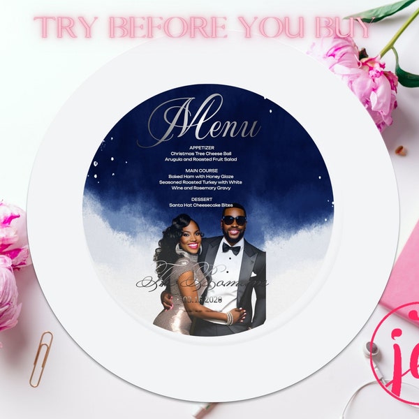 Navy Blue Sky Circle Wedding Classic Charger Plate Menu| Template| Elegant Menu| Modern Party Menu|  JetTemplett Printable| Editable| Unique