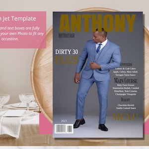 Plantilla de menú de cena de portada de revista para hombre / Menú masculino elegante / Menú de fiesta de cumpleaños moderno / Menú imprimible de favor de fiesta / Menú editable /