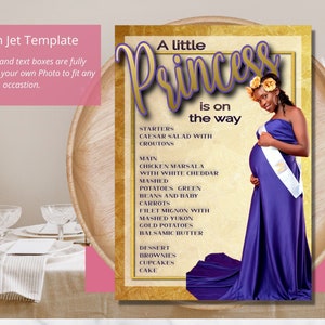 Gold Princess Baby Shower Menu Sjabloon| Elegant babyfeestje| Gender Reveal| Modern feestmenu| Afdrukbaar menu| Bewerkbaar menu| Thuis afdrukken