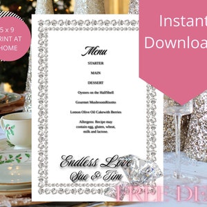 Menu ze zdjęciami Diamond Border Bling| Szablon menu ślubnego| Menu zaręczynowe| Nowoczesne menu| Szablon menu do wydruku| Edytowalne menu|