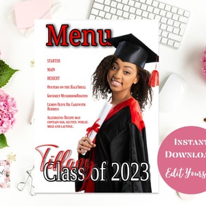 Klasse van 2023 afstudeermenusjabloon| Dinermenu voor senioren| Moderne tienerfeestvlieger| Afdrukbaar College-menu| Bewerkbaar|Thuis afdrukken