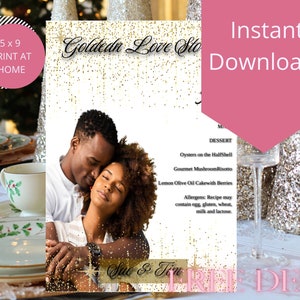 Golden Love Story Glitter Bild Menü vorlage| Elegante | Privates Abendessen Menü| Moderner Partyflieger| Druckbares Menü| Bearbeitbar| Print at Home