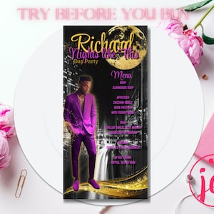 Nights Like This Mens Gold and Purple Birthday Picture Menu| Szablon menu wydarzenia| Menu imprezy urodzinowej|| Szablon do wydruku| Edytowalne menu|