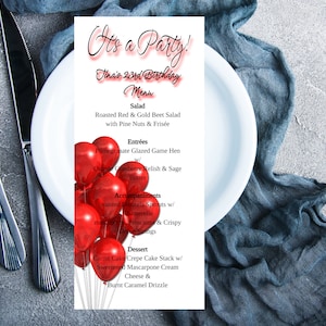 To jest kolacja z czerwonym balonem na imprezę | Menu lunchowe | Prosty szablon niestandardowy | Eleganckie menu dla kobiet | Nowoczesne menu na imprezy | Szablon do wydrukowania | Edytowalny