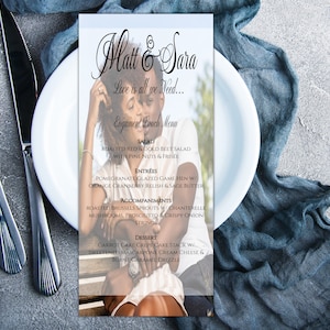 Pełne zdjęcie klasycznego menu| Szablon menu weselnego| Eleganckie menu zaręczynowe| Nowoczesne menu weselne| Szablon menu do wydruku| Edytowalne menu|