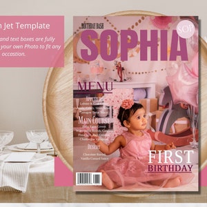 Mädchen zum ersten Geburtstag Magazin Cover Menü Vorlage | Modernes Party-Menü| Druckbares Menü | Bearbeitbar|Print at Home| Boss Baby Rosa Gastgeschenk