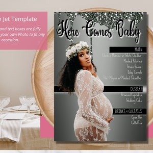 Modèle de menu d'images scintillantes argentées | Shower de bébé élégante| Menu Révélation du Genre| Menu de fête moderne| Menu imprimable| Menu modifiable|Imprimer à la maison