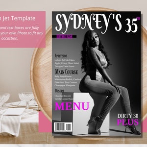Okładka magazynu Urodziny Baddie Zdjęcie urodzinowe Menu| Szablon menu wydarzenia| Menu imprezy urodzinowej| Urodziny szefa| Szablon do wydruku| Edytowalne menu|