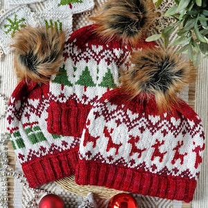 Christmas Knit Beanie Pattern: Scandinavian Reindeer, Snowflake Design (PDF Pattern)