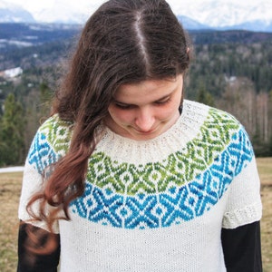 MODELLO DI LAVORO A MAGLIA - T-shirt con sprone Colorwork, modello pullover, modello Easy Knit a maniche corte, maglia senza cuciture top down, download istantaneo PDF