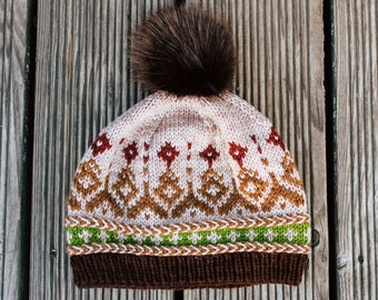 Hat KNITTING PATTERN - Fair Isle Stranded Colorwork Hat, Easy Knit Latvian Pattern, Seamless Knit, Easy Fun knit, PDF Instant Download