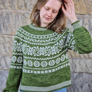 May include: A green and white patterned jumper with a round neckline and long sleeves. The jumper features a detailed geometric design across the chest and sleeves. The sleeves and neckline have white stripes. The person is wearing blue jeans.