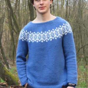 May include: A blue knitted sweater with a white geometric pattern around the neckline. The sweater is worn by a person standing in a forest.