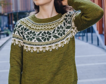 Colorwork Sweater Knitting Pattern: Top-Down Seamless Knit, Stranded Yoke Flower Pullover (PDF Download)