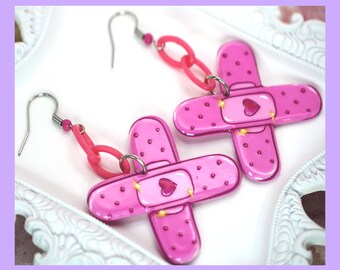 Kawaii Pink Acrylic Bandage Earrings, Nurse Bandage Earrings, Teacher Earrings, Cute Bandage Charm, Yamikawaii Earrings, y2k jewelry